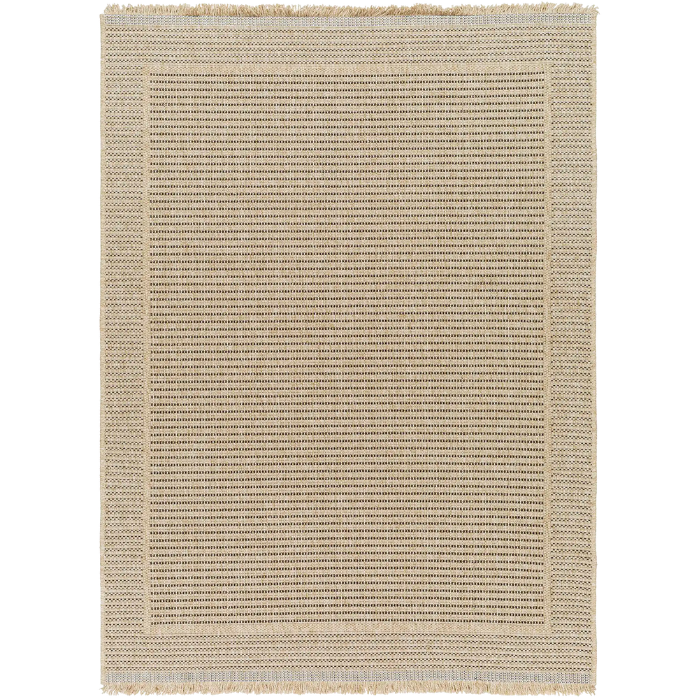 Lemieux et Cie Moreau Outdoor Rug in neutral tones with striped woven pattern and fringe edges, flatweave rug shown on white backdrop.