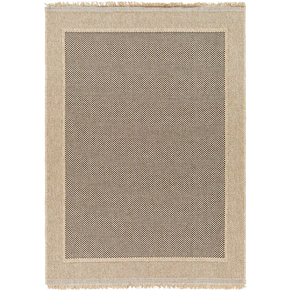 Lemieux et Cie Panier Outdoor Rug in warm neutral tones with dark checkered center and border, woven rug with fringed edges shown on white studio backdrop.