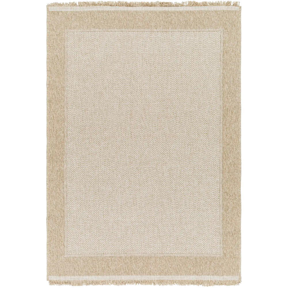 Lemieux et Cie Malika Outdoor Rug in natural tones with bordered design, flatweave rug with fringe detailing, shown on white studio backdrop.