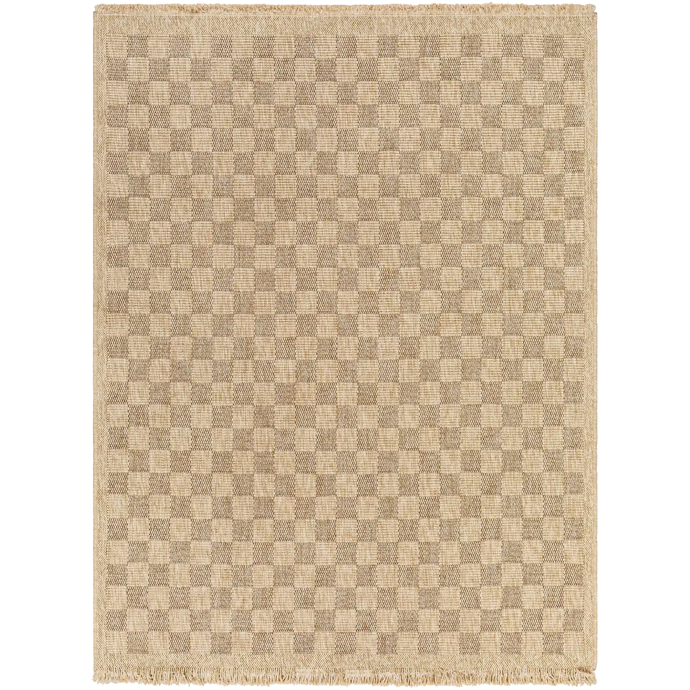 Lemieux et Cie Carreaux Outdoor Rug in natural and brown geometric check pattern, flatweave rug with fringed edges on white studio backdrop.