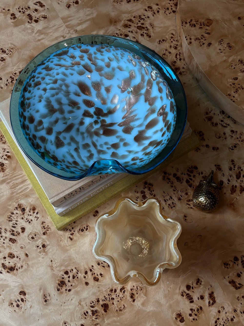 Vintage Italian Murano Art Glass Plate in White, Gold & Blue Aventurine