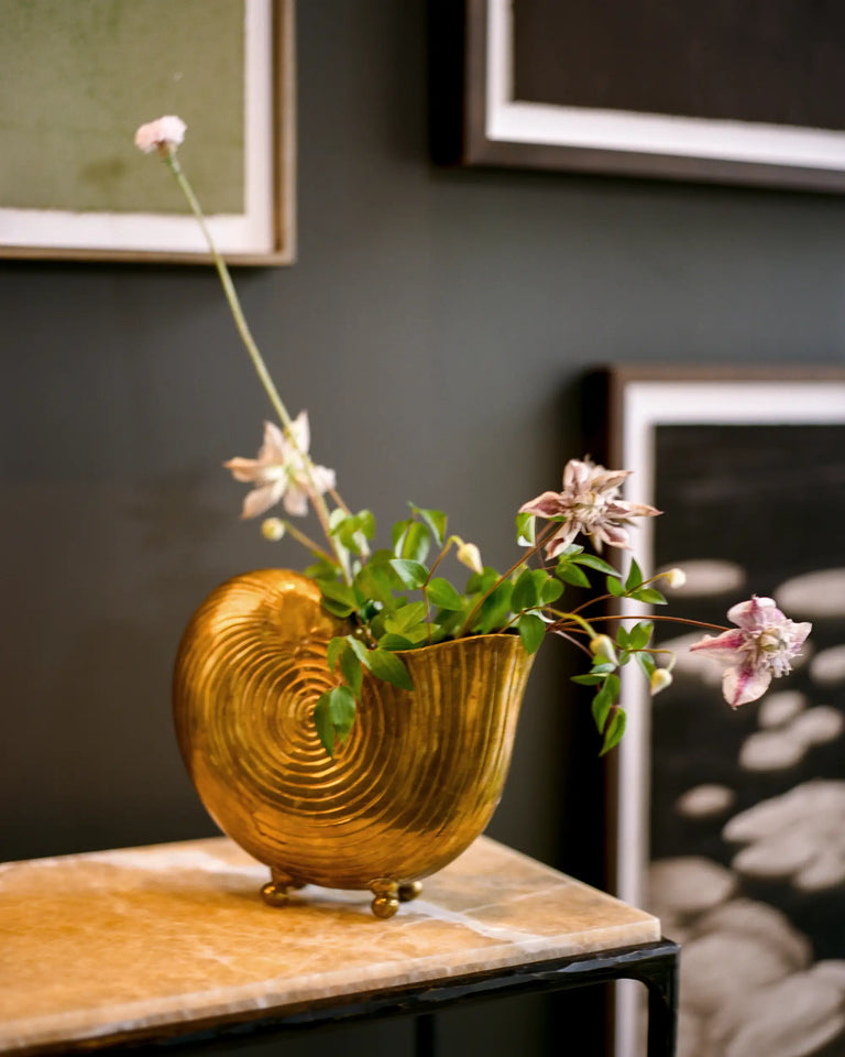Vintage brass nautilus shell footed vase