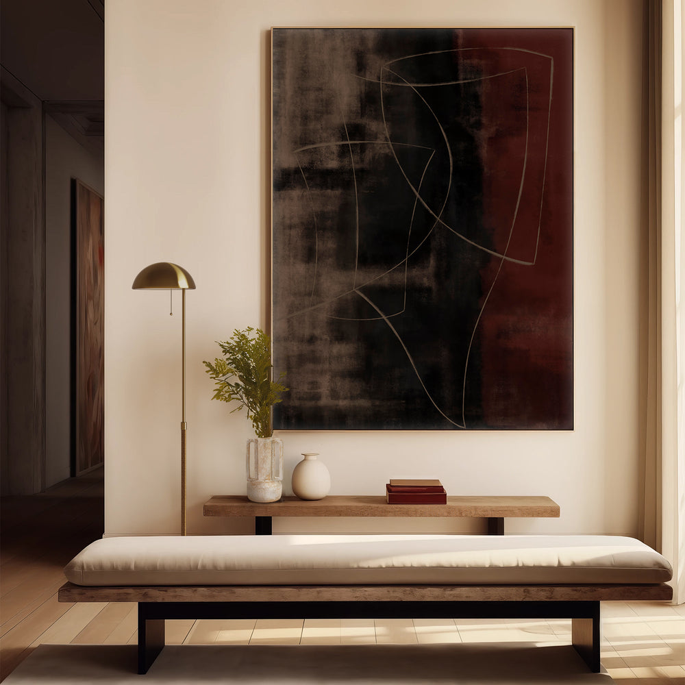 Lemieux et Cie Chambord Floor Lamp with domed shade and slim stem, styled beside upholstered bench and wood console in neutral-walled room with abstract artwork.