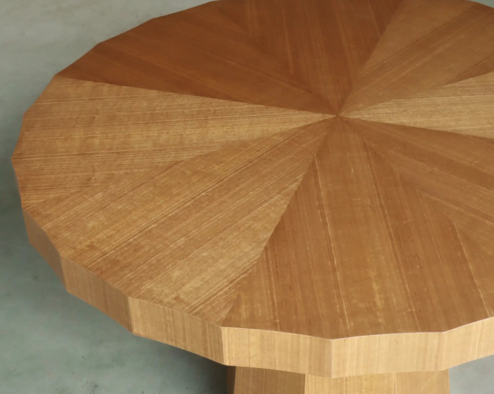 Lemieux et Cie Champagne Eucalyptus Finish Swatch, starburst veneer pattern with linear striations and soft sheen, shown on white studio backdrop.