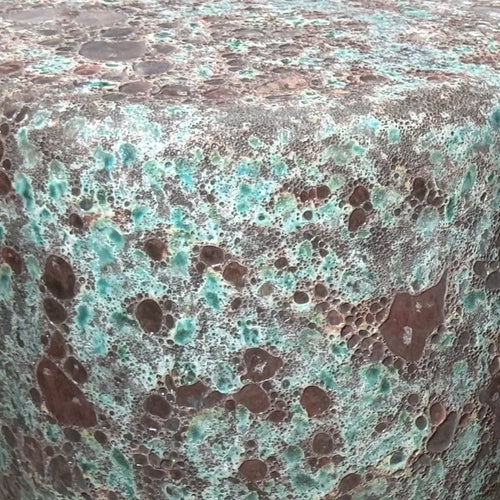 close up showing the glaze and bubbling of the Oxidized Jade ceramic reactive glaze. Handmade for indoor and outdoor use. 