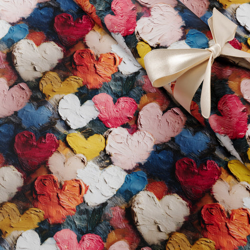 Lemieux et Cie Painterly Hearts  luxury wrapping paper  celebrating visible brushstrokes and organic texture. Inspired by Romantic-era and folk painting traditions