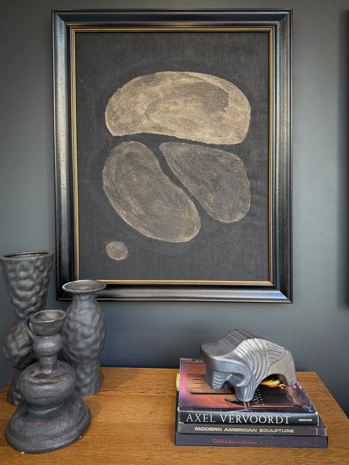 Lemieux et Cie Pierre Emmanuel Martin original oil and mixed media painting, framed abstract composition in charcoal and tan tones, hung above wood console with sculptural ceramic objects.