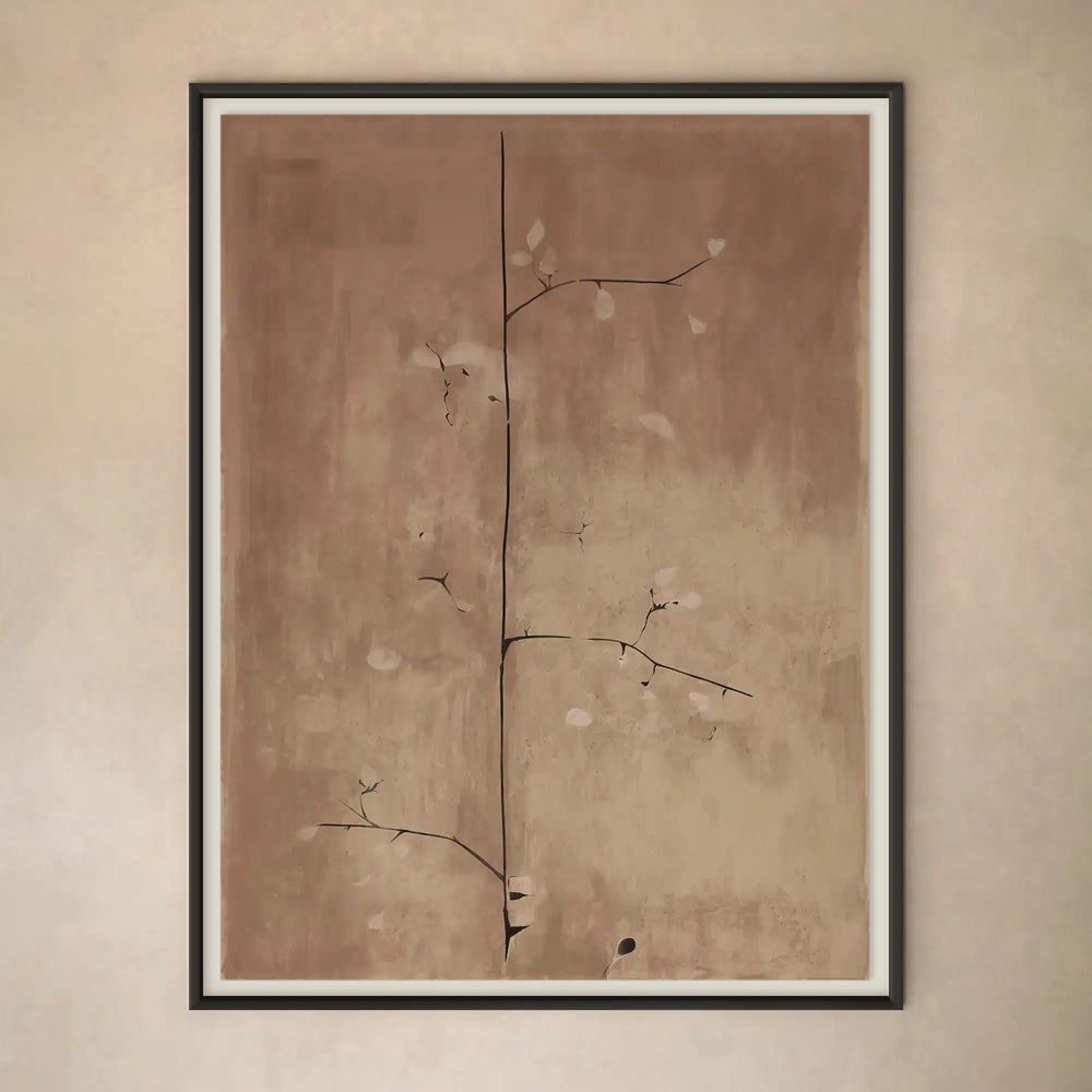 Lemieux et Cie Pétal De Kyoto fine art print in warm earth tones, abstract botanical composition in dark frame on cream wall.