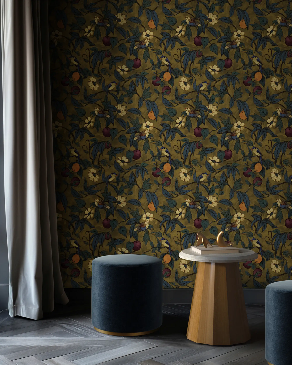 Lemieux et Cie Ondara Fluted Side Table in champagne eucalyptus with hand-finished veneer, styled beside upholstered seating against patterned wallpaper.