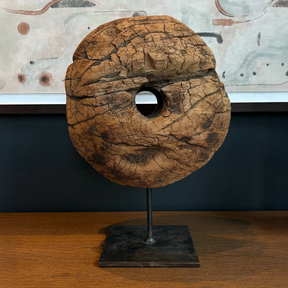 Antique Water Well Pulley Sculpture – Reclaimed Wood on Iron Base