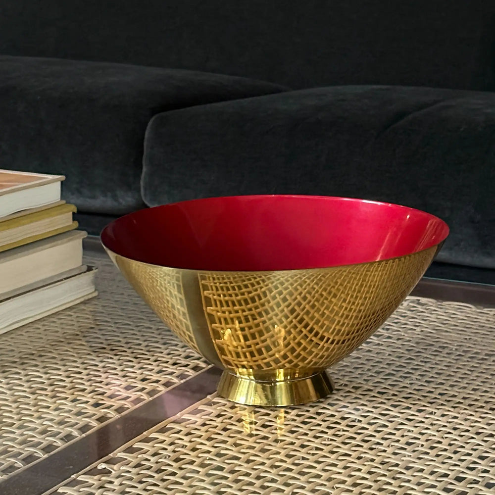 Mid century brass bowl with enameled deep red interior