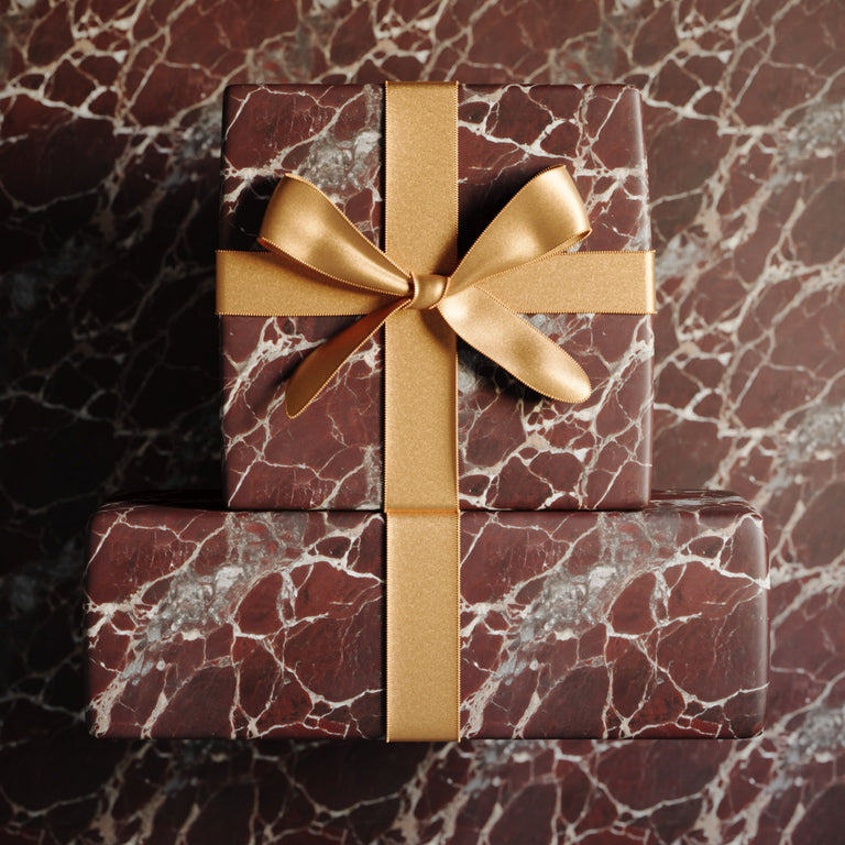 Lemieux et Cie Rosso Levanto fancy wrapping paper featuring wine-red Renaissance marble veining.