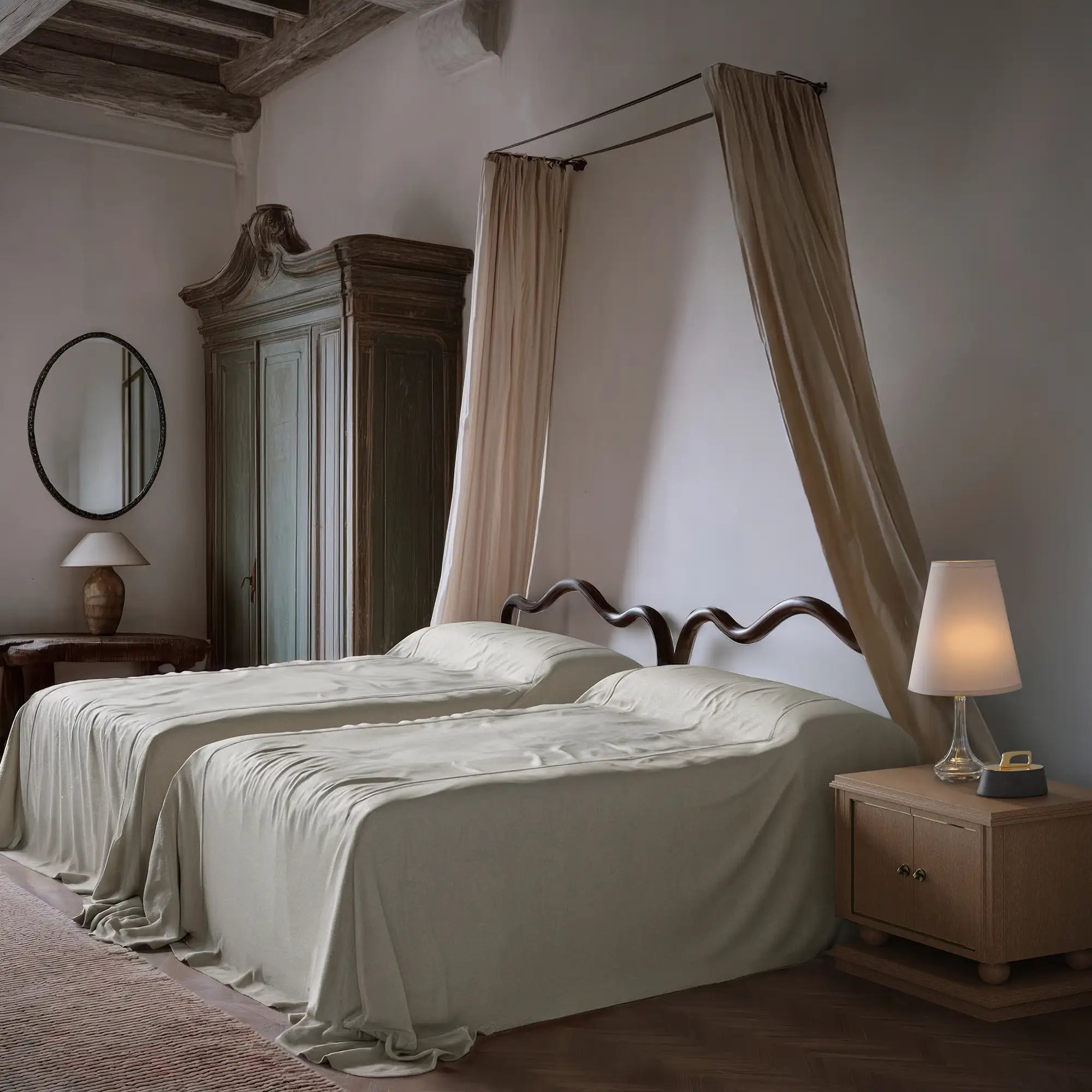 Lemieux et Cie Twin sized Heavy Linen Coverlet in Soft White, on Two beds in a bedroom with the corvaux nightstand and sweeping curtains