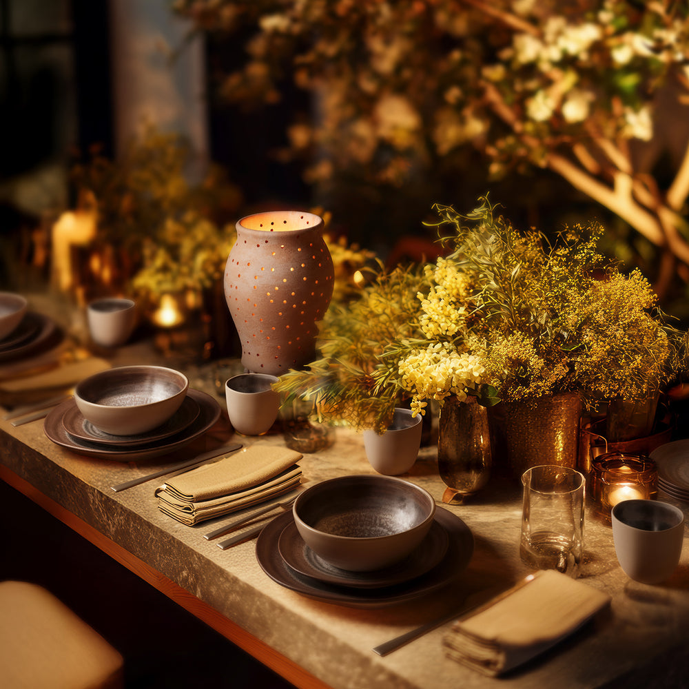 Lemieux et Cie Yassine Candle Holder in rose, rounded perforated vessel with warm glow, styled on dining table with ceramic tableware and golden florals.