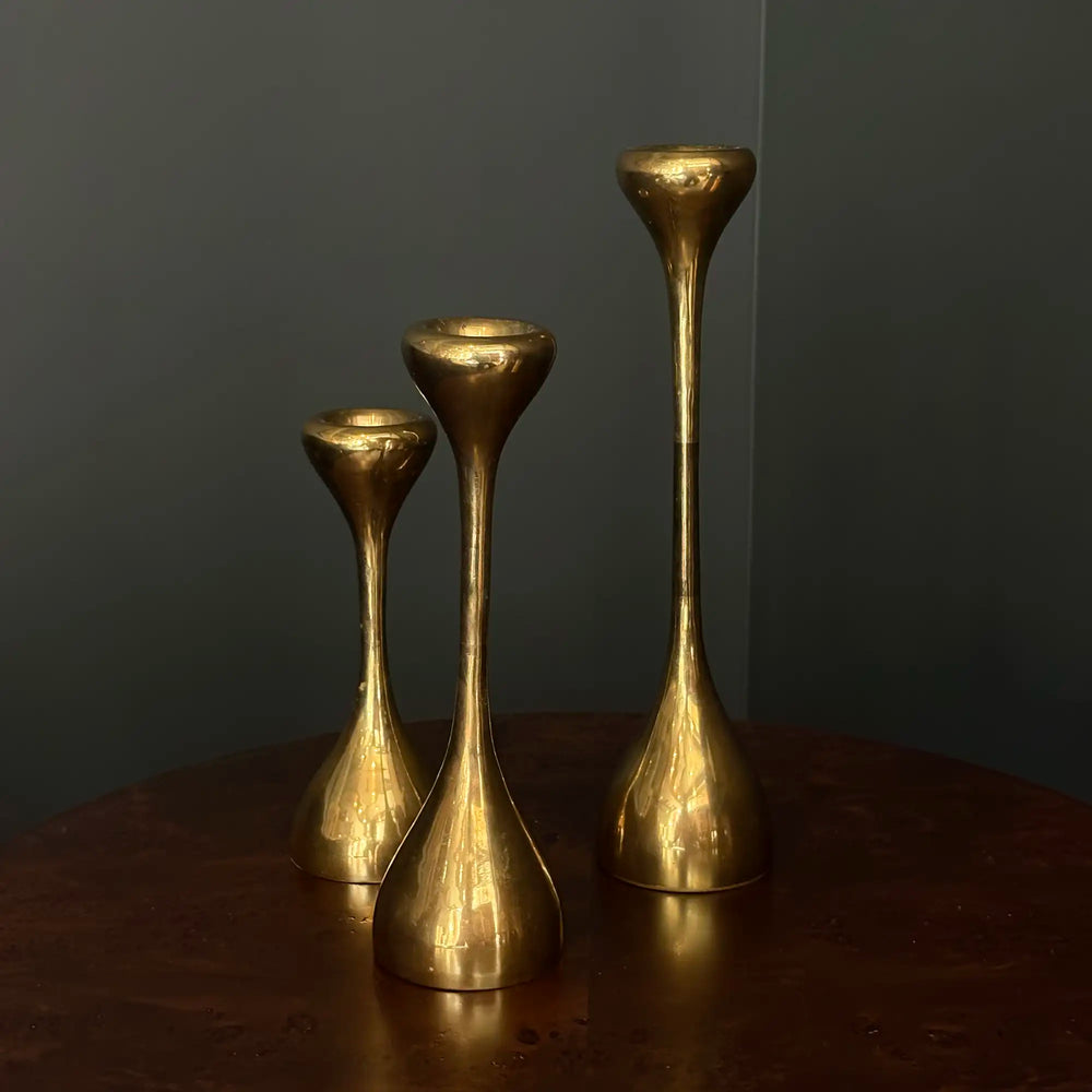 Set of 3 Vintage Swedish Brass Candlesticks, Mid-Century Modern
