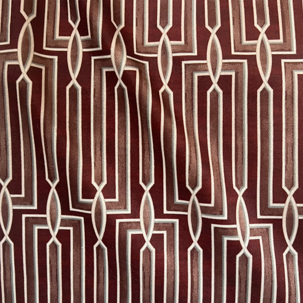 Lemieux et Cie Arbus Stripe Velvet Pillow in burgundy, geometric interlocking pattern on performance velvet, close detail showing linear motifs and tonal shading.