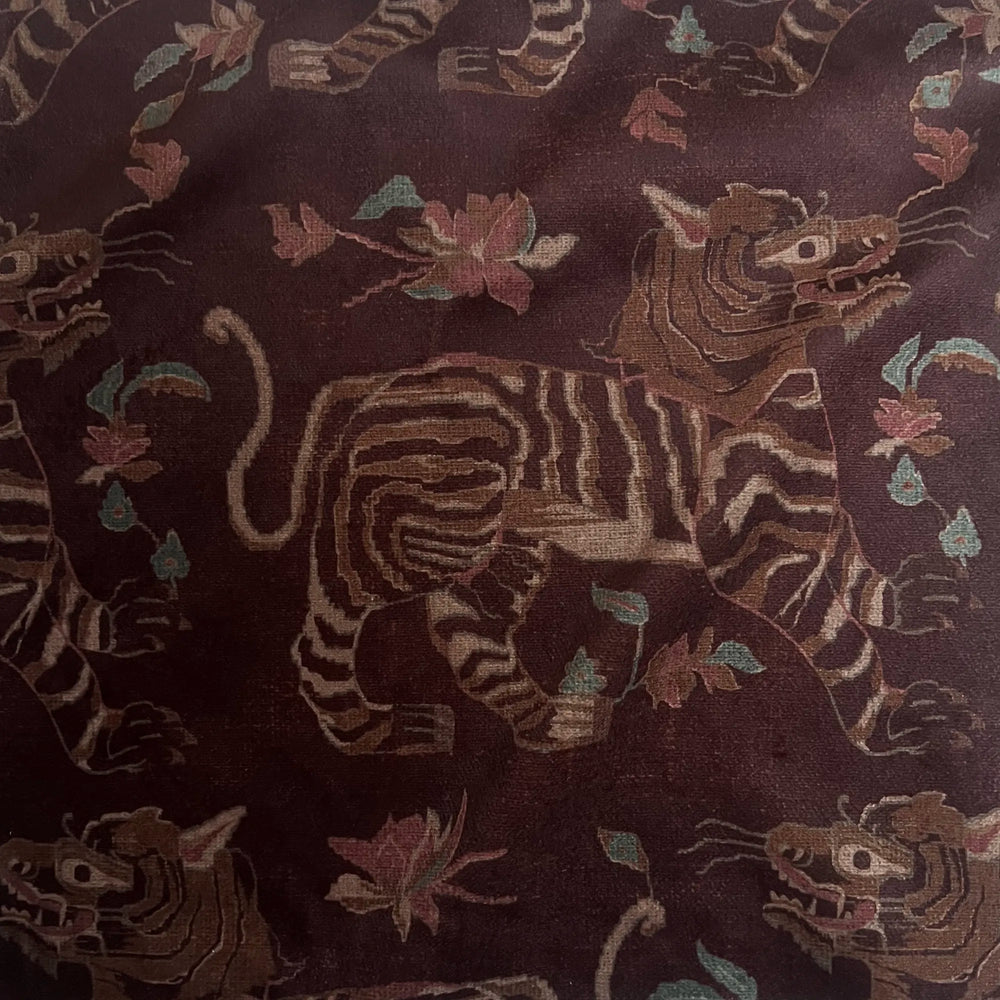 Lemieux et Cie Tiger Velvet Pillow in oxblood, woven performance velvet with Tibetan tiger motif in muted coral, sage and tan tones.