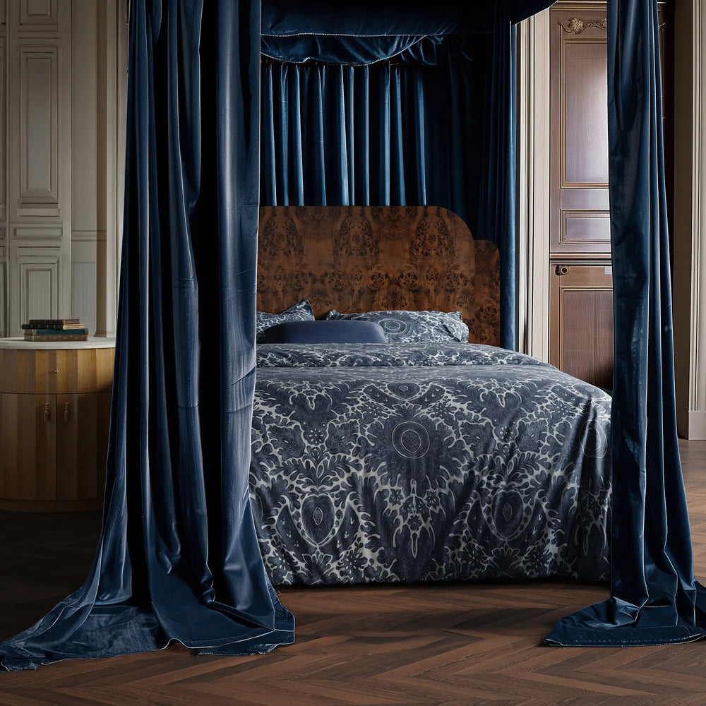 Lemieux et Cie Toile de Rouen percale duvet cover queen, best sheets for hot sleepers. styled with dark drapes on wood parquet floors in paneled bedroom.