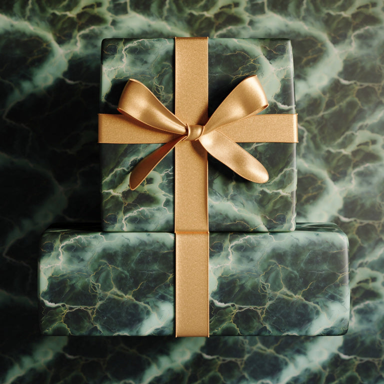 Lemieux et Cie Verde Alpi cute wrapping paper featuring alpine green marble and gold accents.