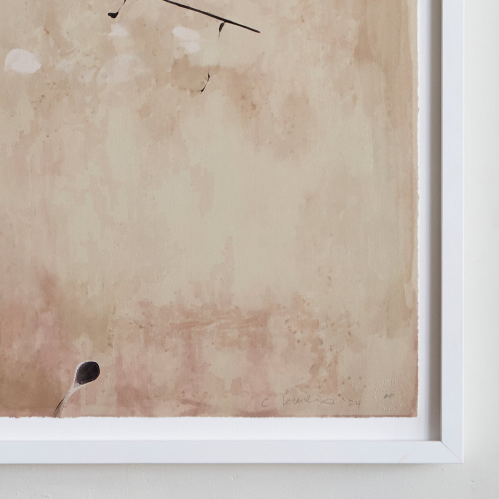 Lemieux et Cie framed print detail showing deckled edge on white backer board, float mounted in white frame against warm plaster wall.