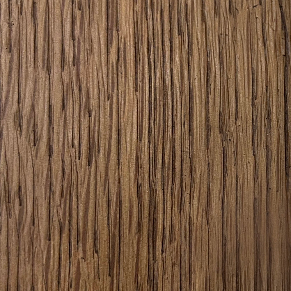 Lemieux et Cie Wire Brushed Brown Oak Wood Finish Swatch, medium brown oak with hand-worked texture revealing pronounced vertical grain, shown on white studio backdrop.