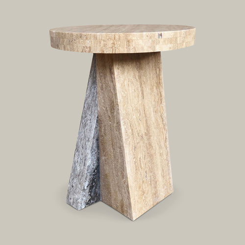 Lemieux et Cie Borel Side Table in walnut finish, sculptural side table with angled base and round top, shown on neutral studio backdrop.