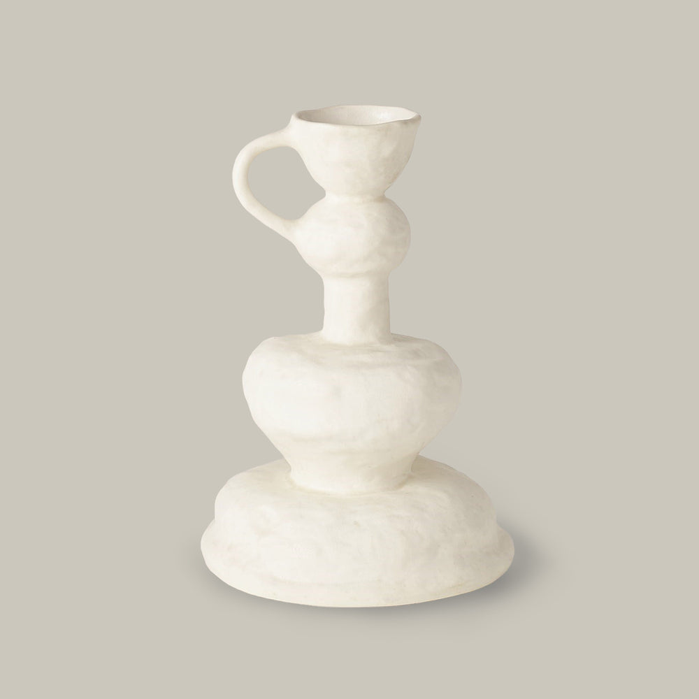 Lemieux et Cie Victoire Vase in white, sculptural ceramic vessel with stacked spherical forms and curved handle, shown on neutral backdrop.
