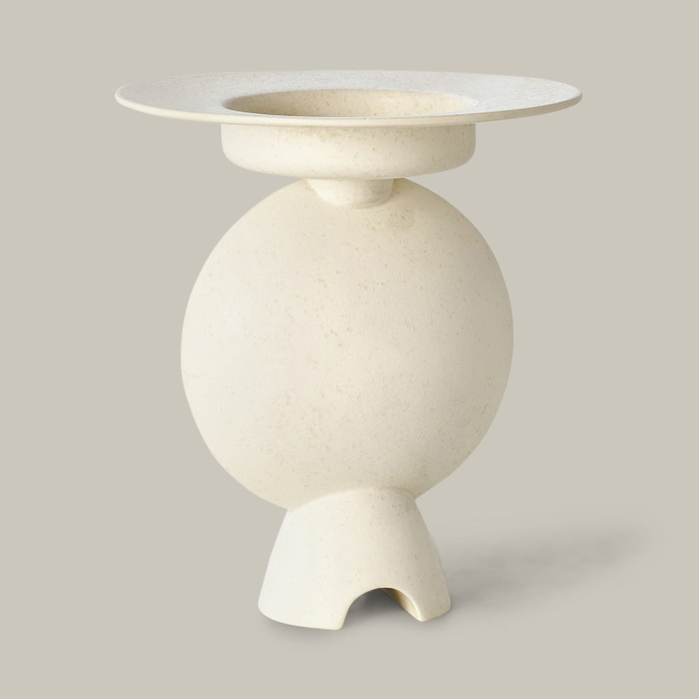 Lemieux et Cie Camille Geometric Vase in white, sculptural vessel with spherical base and wide shallow dish, shown on neutral backdrop.