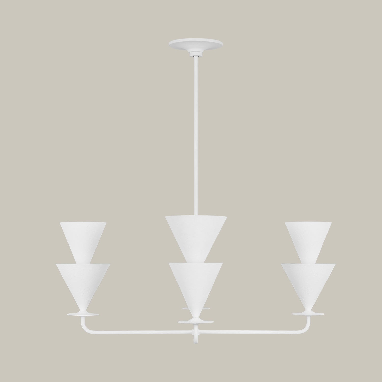 Lemieux et Cie Cornet 4 Light Large Chandelier, a designer lighting fixture in steel and cast plaster, shown straight on with four sockets, each with two stacked inverted cone-shaped shades.