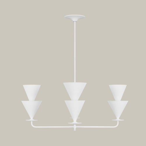Lemieux et Cie Cornet 4 Light Large Chandelier, a designer lighting fixture in steel and cast plaster, shown straight on with four sockets, each with two stacked inverted cone-shaped shades.
