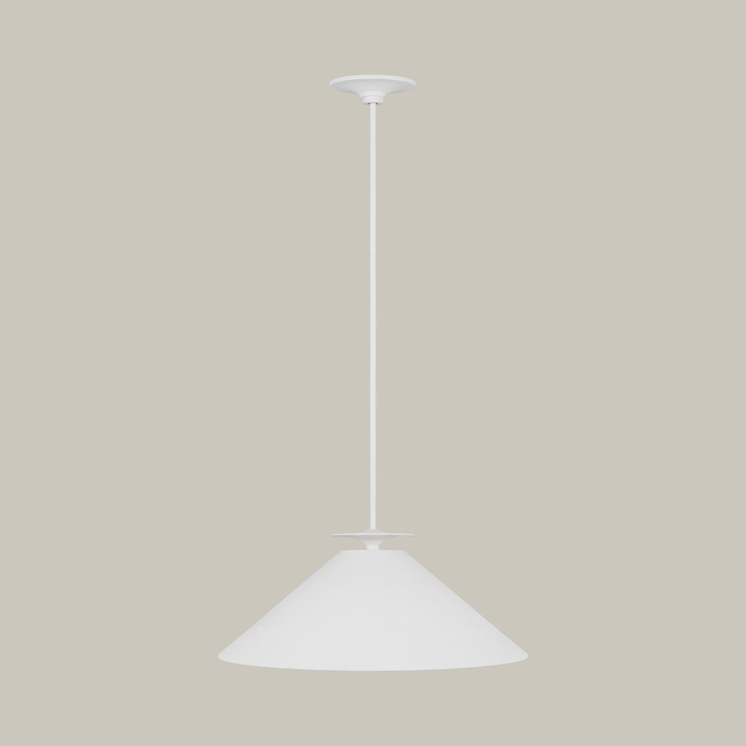Lemieux et Cie Lemieux et Rie white conical pendant light, slim stem and broad shade in matte finish, shown on neutral backdrop.