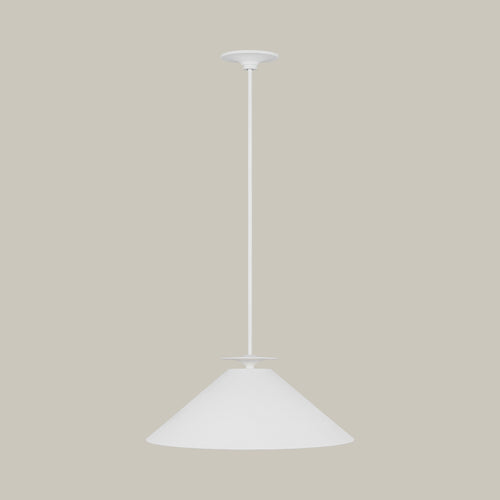 Lemieux et Cie Lemieux et Rie white conical pendant light, slim stem and broad shade in matte finish, shown on neutral backdrop.