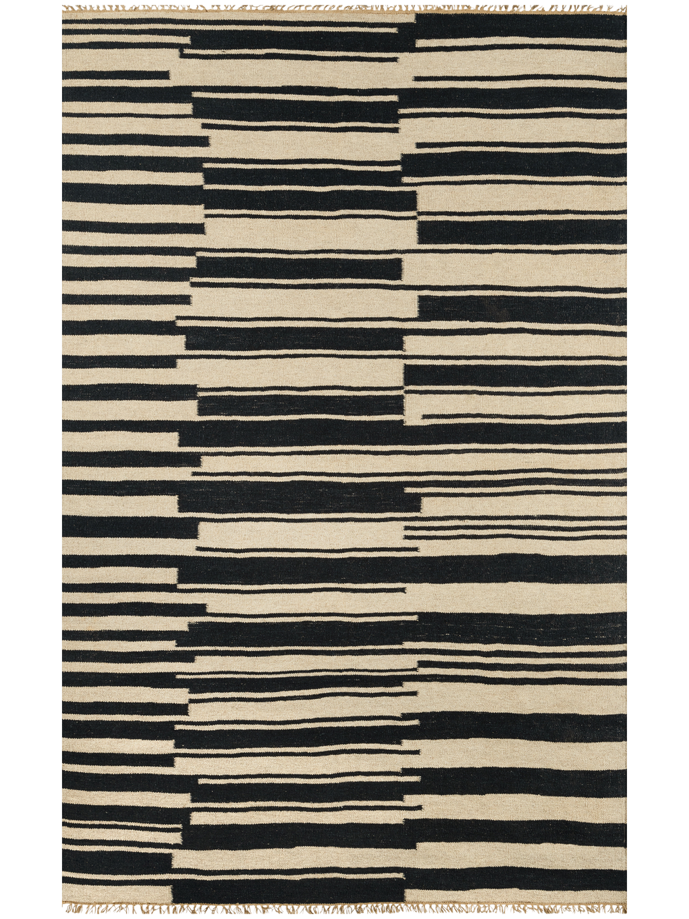 Lemieux et Cie Duar rug in black and natural with geometric striped pattern, handwoven flatweave with visible fringe, shown on white studio backdrop.